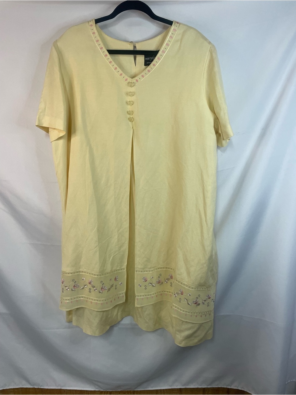 Positive Attitude linen blend buttery yellow and embroidered dress, layered.
